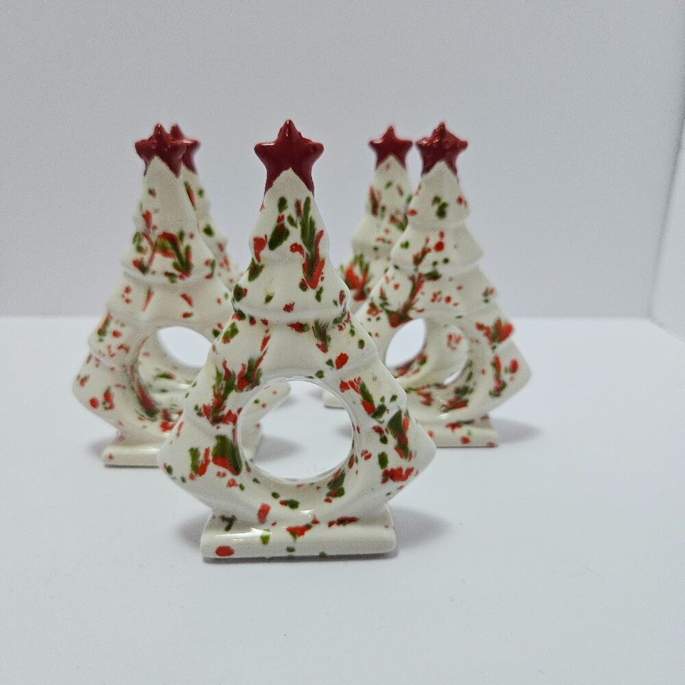Vintage Handmade Ceramic Christmas Tree Napkin Holders Signed MG Red Green 5 pc